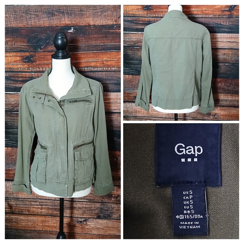 GAP Jacket S Linen Blend Utility Military Olive Green Full Zip Snap Pockets